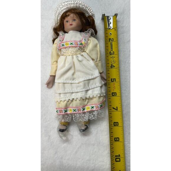 Porcelain Doll Small White Yellow Dress with Pink Trim and Hat - Picture 3 of 3